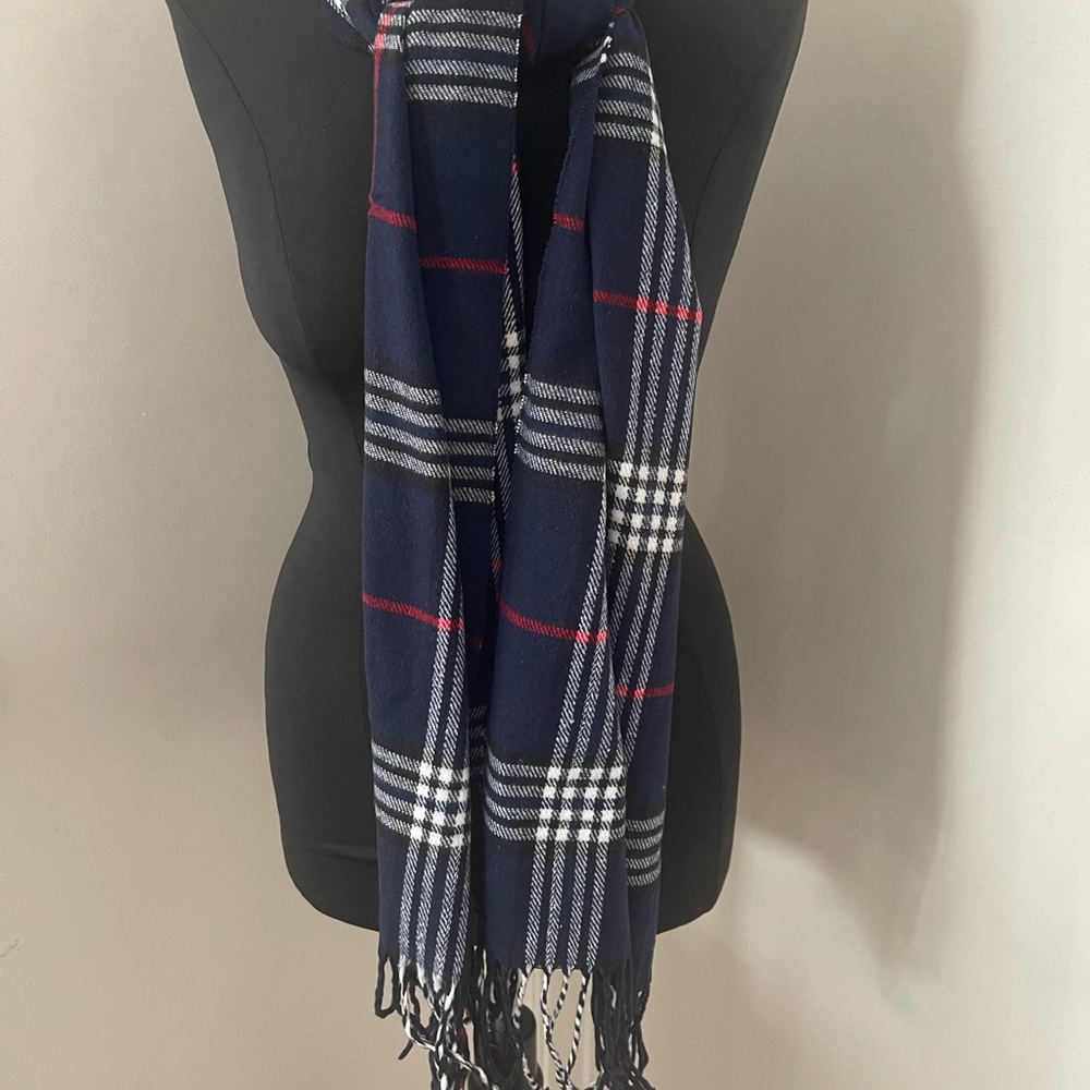 Navy and red cashmere feel scarf